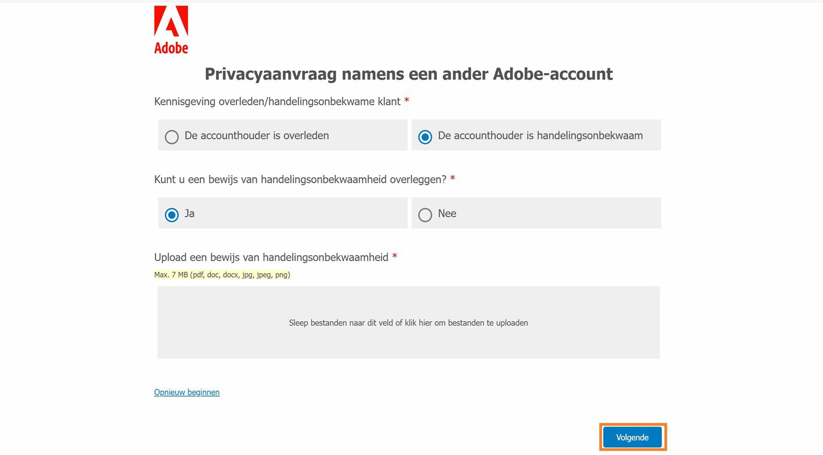 In het scherm Privacyaanvraag wordt de optie weergegeven om de reden voor het sluiten van het account te selecteren, te kiezen of je een bewijs van arbeidsongeschiktheid of overlijden kunt overleggen en een bewijs te uploaden.