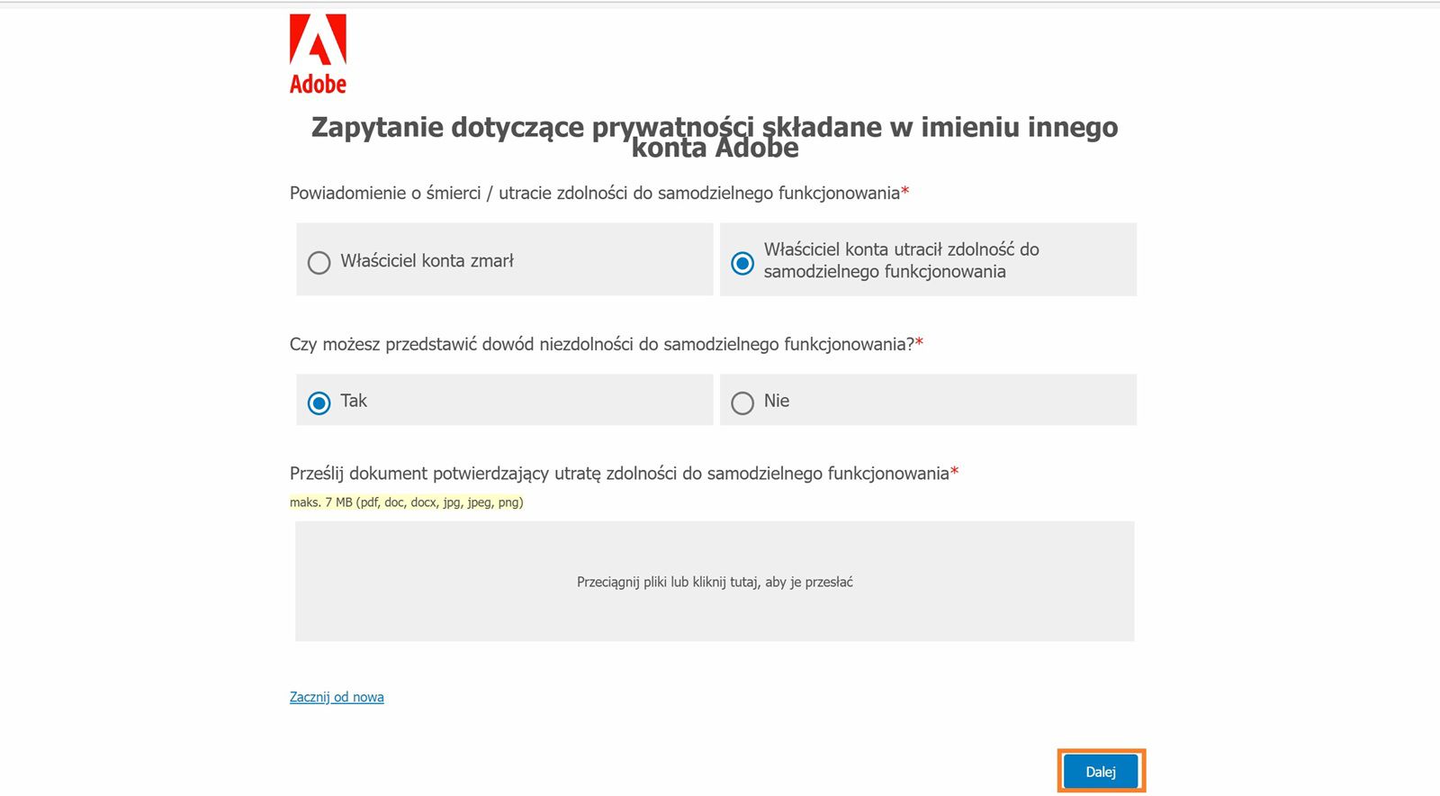 Na ekranie zapytania o prywatność wyświetla się opcja wyboru powodu zamknięcia konta, możliwość wskazania, czy można dostarczyć dowód niezdolności do czynności prawnych lub śmierci, oraz możliwość przesłania dowodu.