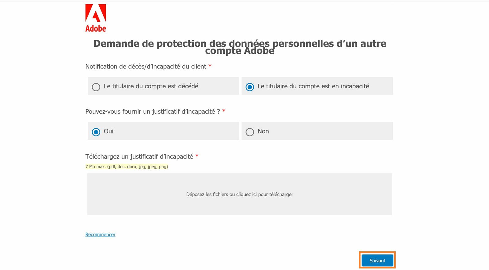 L’écran de demande de confidentialité affiche l’option de sélectionner le motif de clôture du compte, de choisir si vous êtes en mesure de fournir une preuve d’incapacité ou de décès, et de télécharger une preuve.