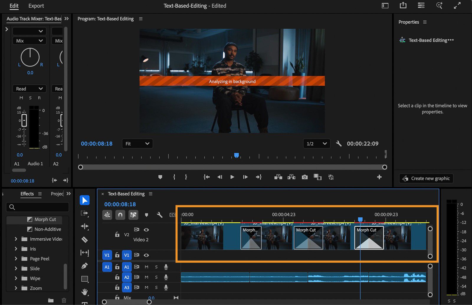 El Monitor de programa muestra un banner de Analizando en segundo plano sobre el vídeo.El panel Timeline muestra el efecto Morph Cut aplicado entre varios clips.