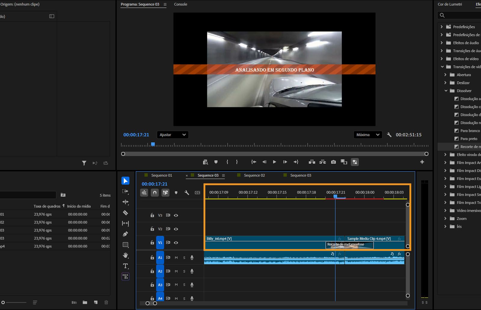 O Monitor de Programa exibe um banner Analisando em segundo plano sobre o vídeo.O painel “Linha do tempo” mostra o efeito “Recorte de metamorfose” aplicado entre vários clipes.