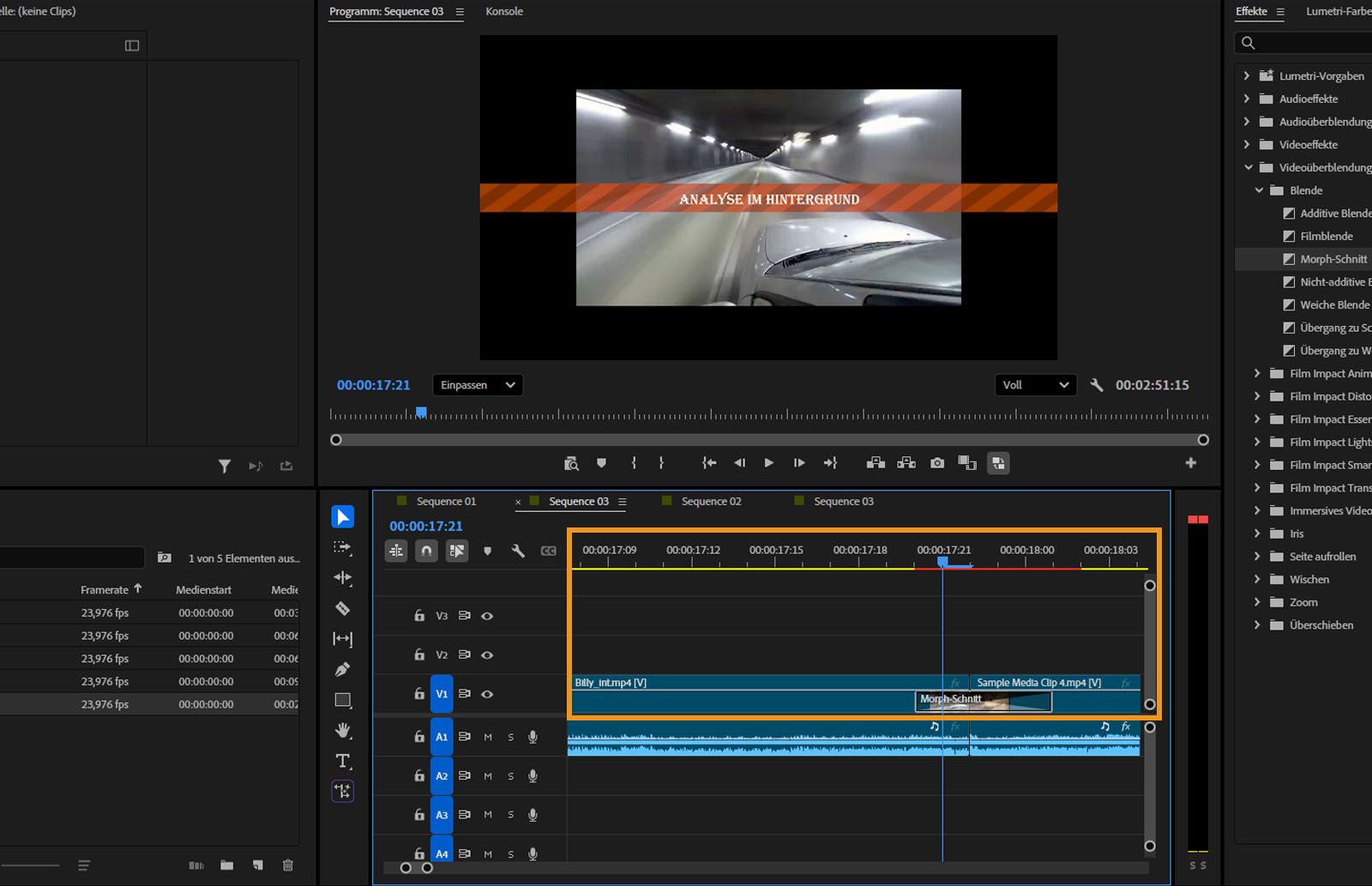 Der Programmmonitor zeigt den Banner „Analyse im Hintergrund“ über dem Video an.Das Bedienfeld „Schnittfenster“ zeigt den angewendeten Effekt „Morph-Schnitt“ zwischen mehreren Clips an.