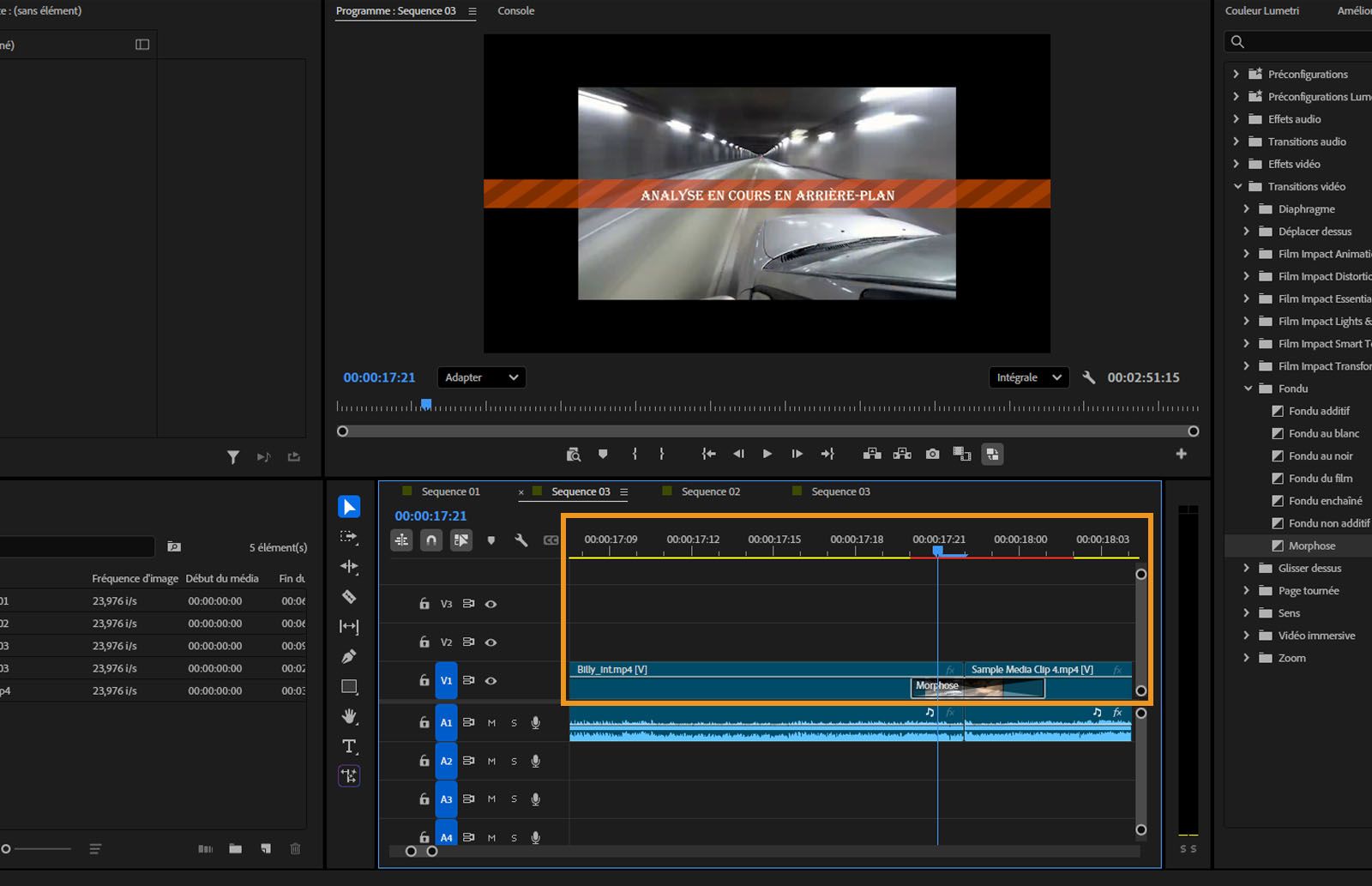 Le Moniteur du programme affiche une bannière Analyse en arrière-plan sur la vidéo.Le panneau Montage montre l’effet Séquence de morphing appliqué entre plusieurs clips.