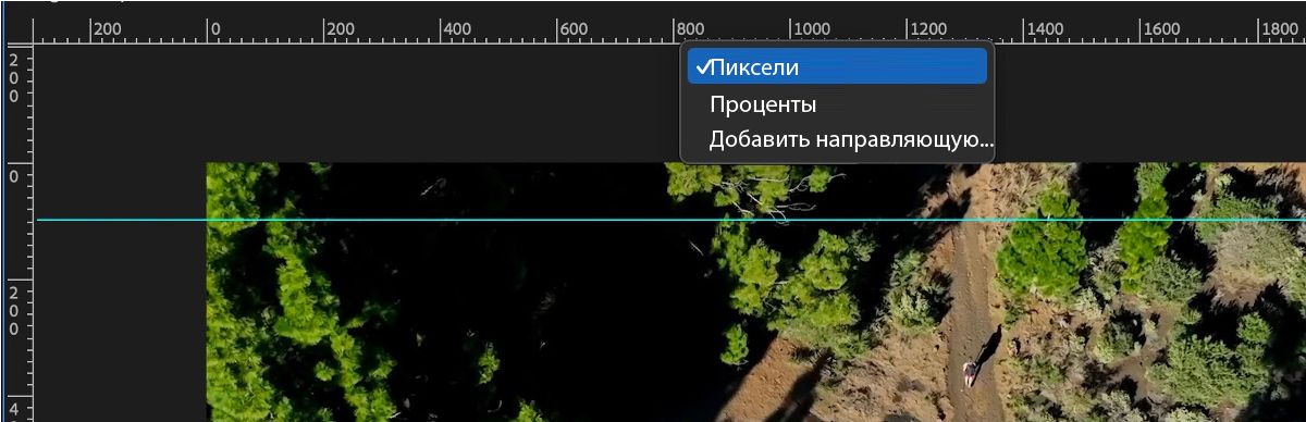 Программный монитор отображает варианты измерения, включая «Пиксели», «Проценты» и «Добавить направляющую».
