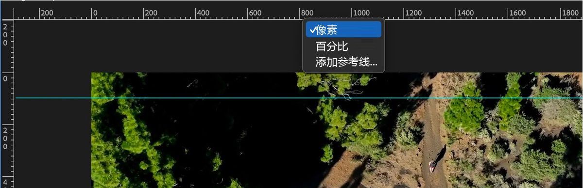 节目监视器显示测量选项，包括像素、百分比和添加指南。