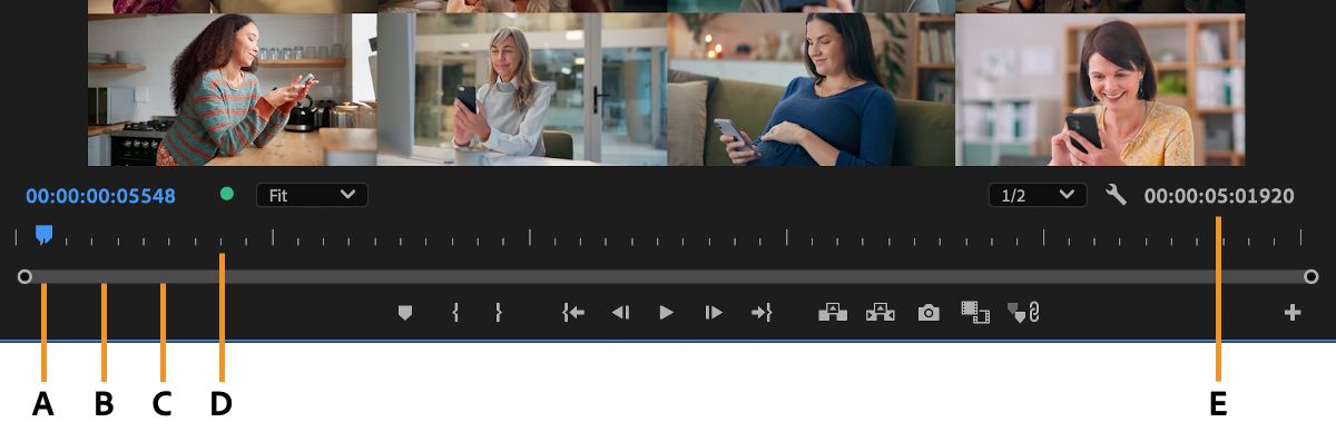 Los controles de tiempo del monitor de programa están etiquetados en esta descripción general.