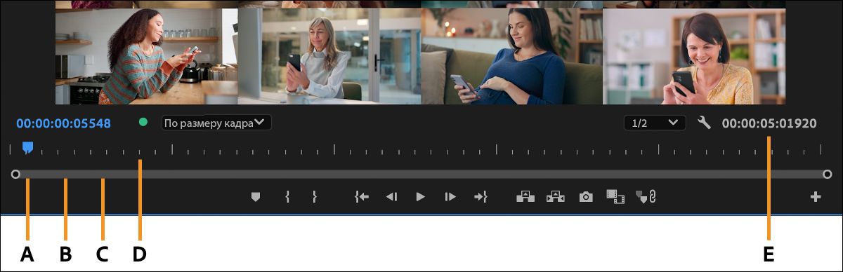 Элементы управления временем в мониторе «Программа» обозначены в этом обзоре.