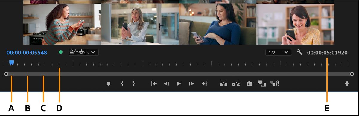 この概要では、プログラムモニターの時間コントロールにラベルが付けられています。