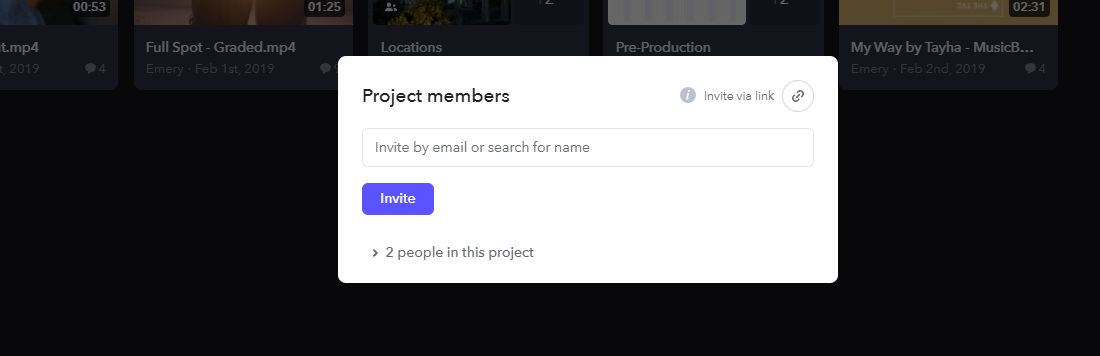 A caixa de diálogo Membros do projeto está aberta com o campo para adicionar o endereço de email e uma opção para Convidar via link.