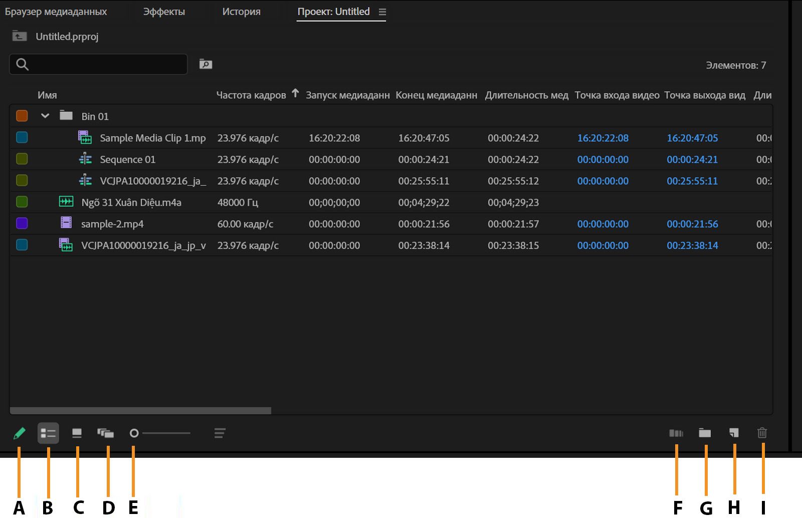 На панели Проект отображается список клипов вместе с их метаданными, такими как частота кадров, начало медиафайла, конец медиафайла и другие.