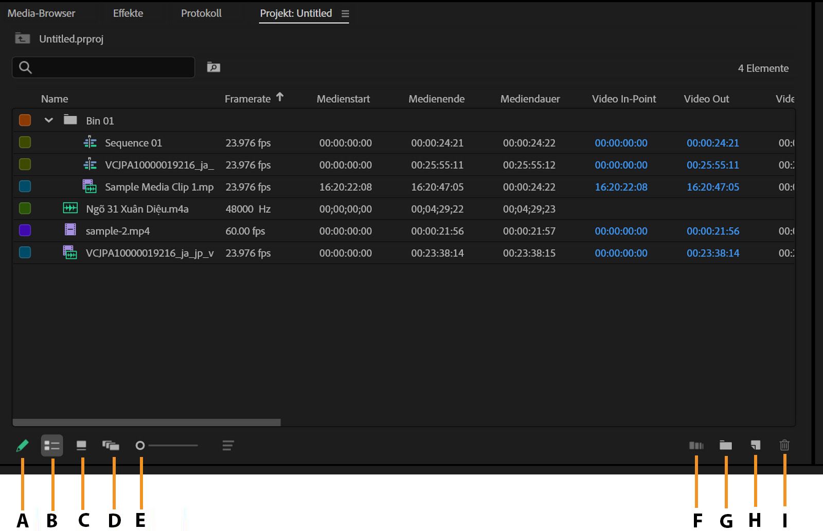 Das Projekt-Bedienfeld zeigt die Liste der Clips zusammen mit ihren Metadaten an, wie Framerate, Medienstart, Medienende und mehr.