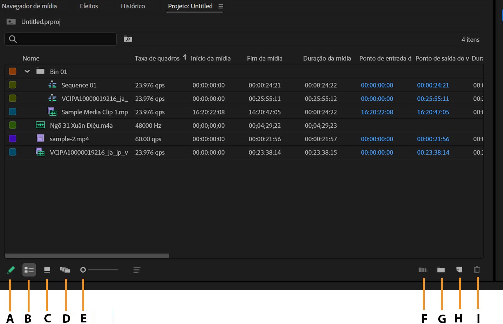 O painel Projeto exibe a lista de clipes junto com suas informações de metadados, como Taxa de quadros, Início da mídia, Fim da mídia e muito mais.