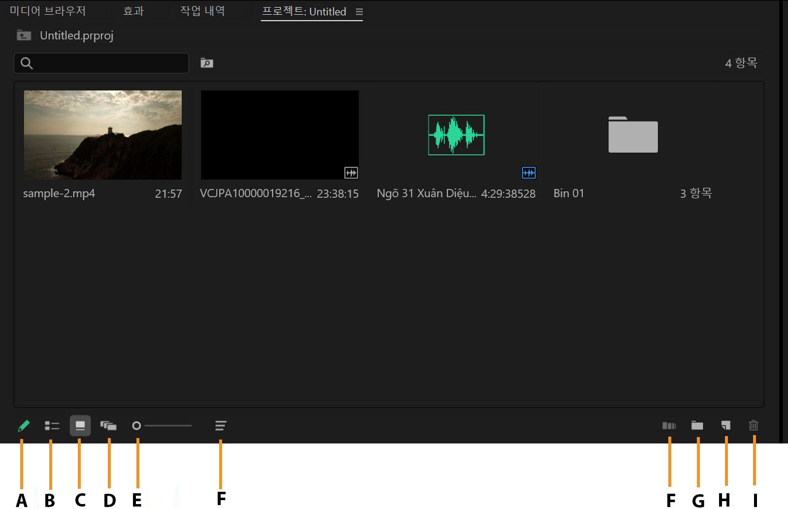 프로젝트 패널은 아이콘 보기에서 클립의 썸네일을 표시합니다.