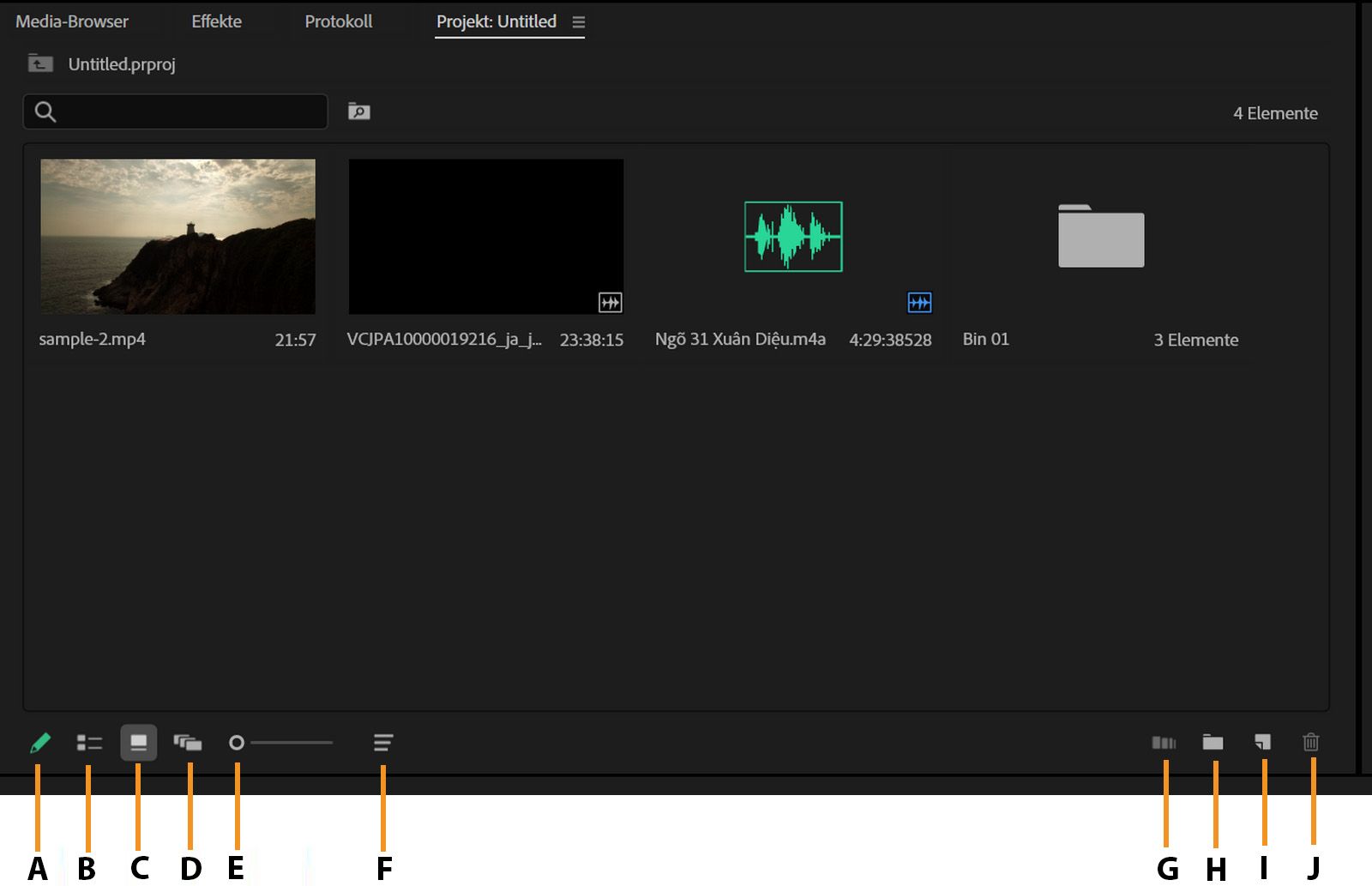 Das Projekt-Bedienfeld zeigt die Miniaturansichten der Clips in der Symbolansicht an.