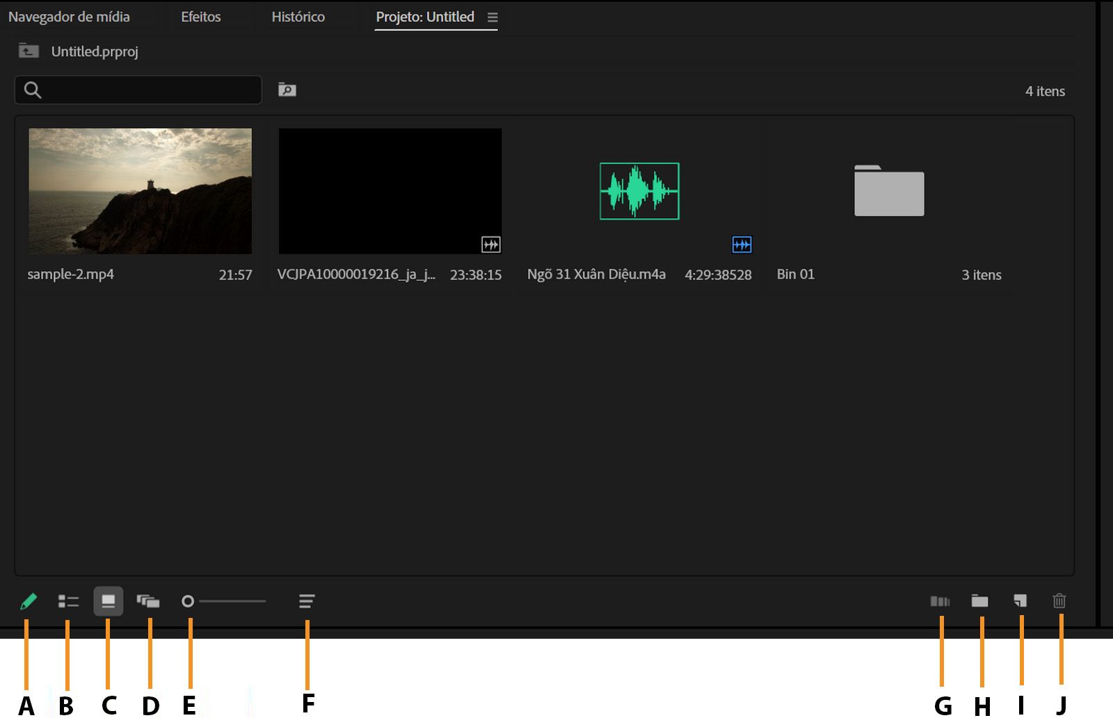 O painel “Projeto” exibe as miniaturas dos clipes na visualização de ícone.
