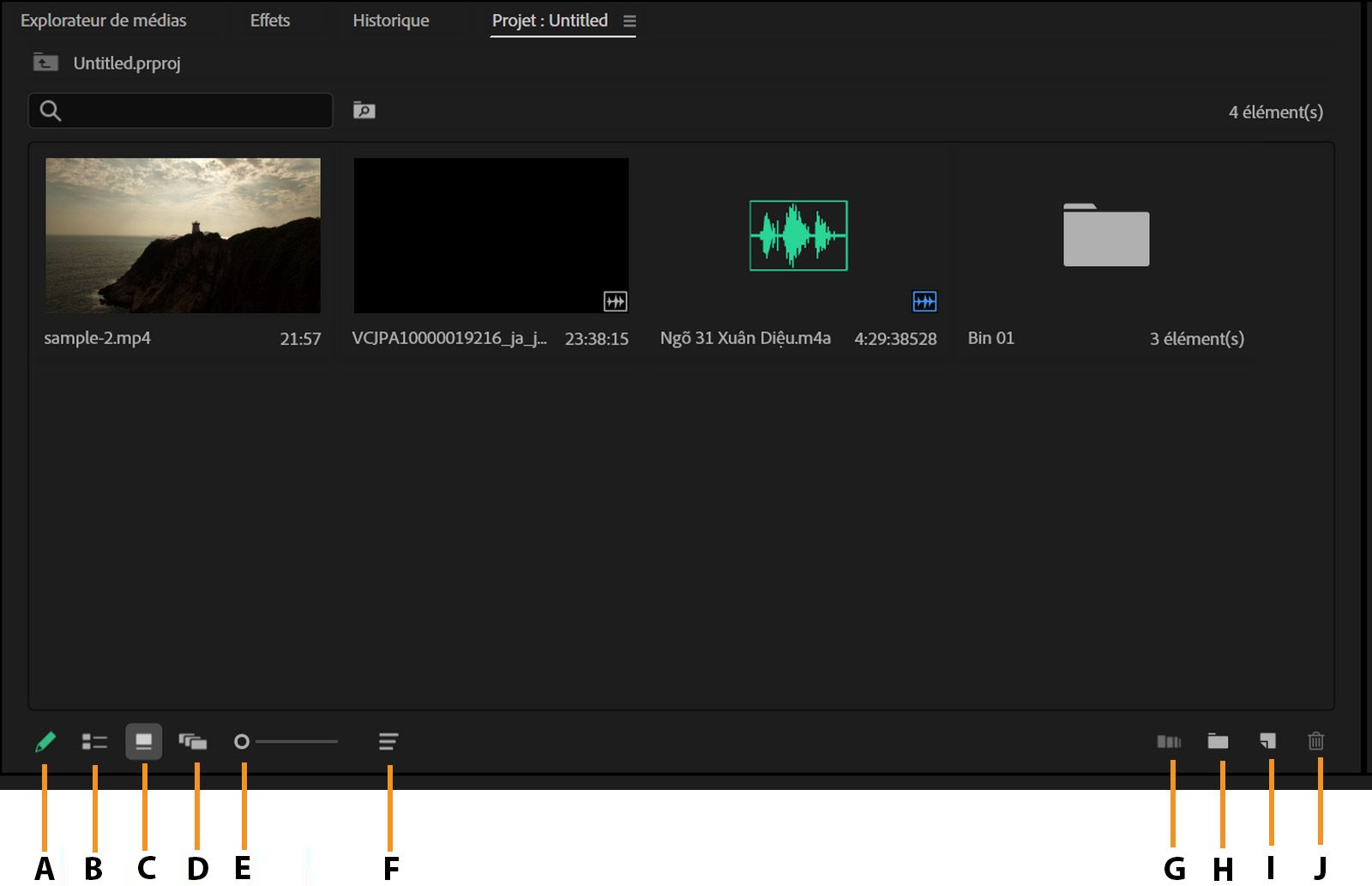 Le panneau Projet affiche les vignettes des clips en mode Icône.