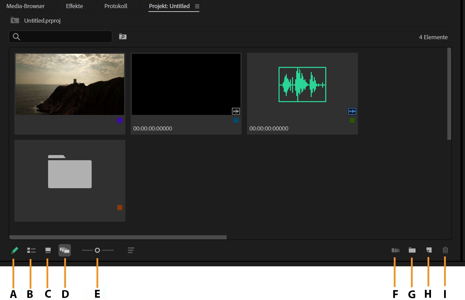 Das Projekt-Bedienfeld zeigt die Miniaturansichten der Clips frei positioniert in der Freiform-Ansicht an.