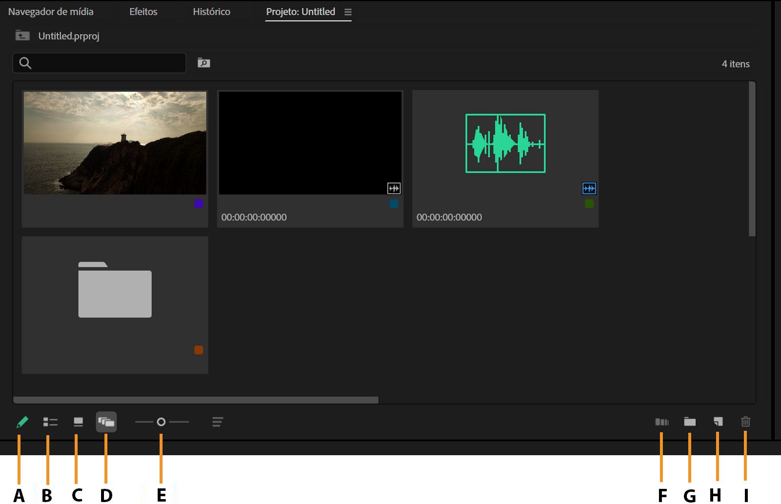 O painel “Projeto” exibe as miniaturas dos clipes posicionados livremente na visualização de forma livre.