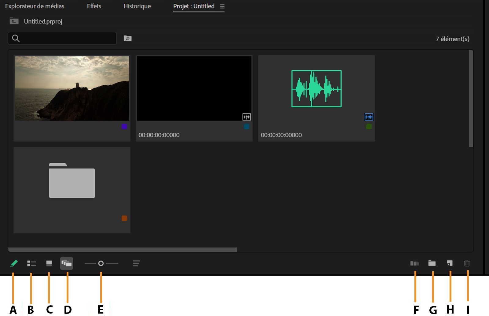 Le panneau Projet affiche les vignettes des clips positionnées librement dans la vue Forme libre.