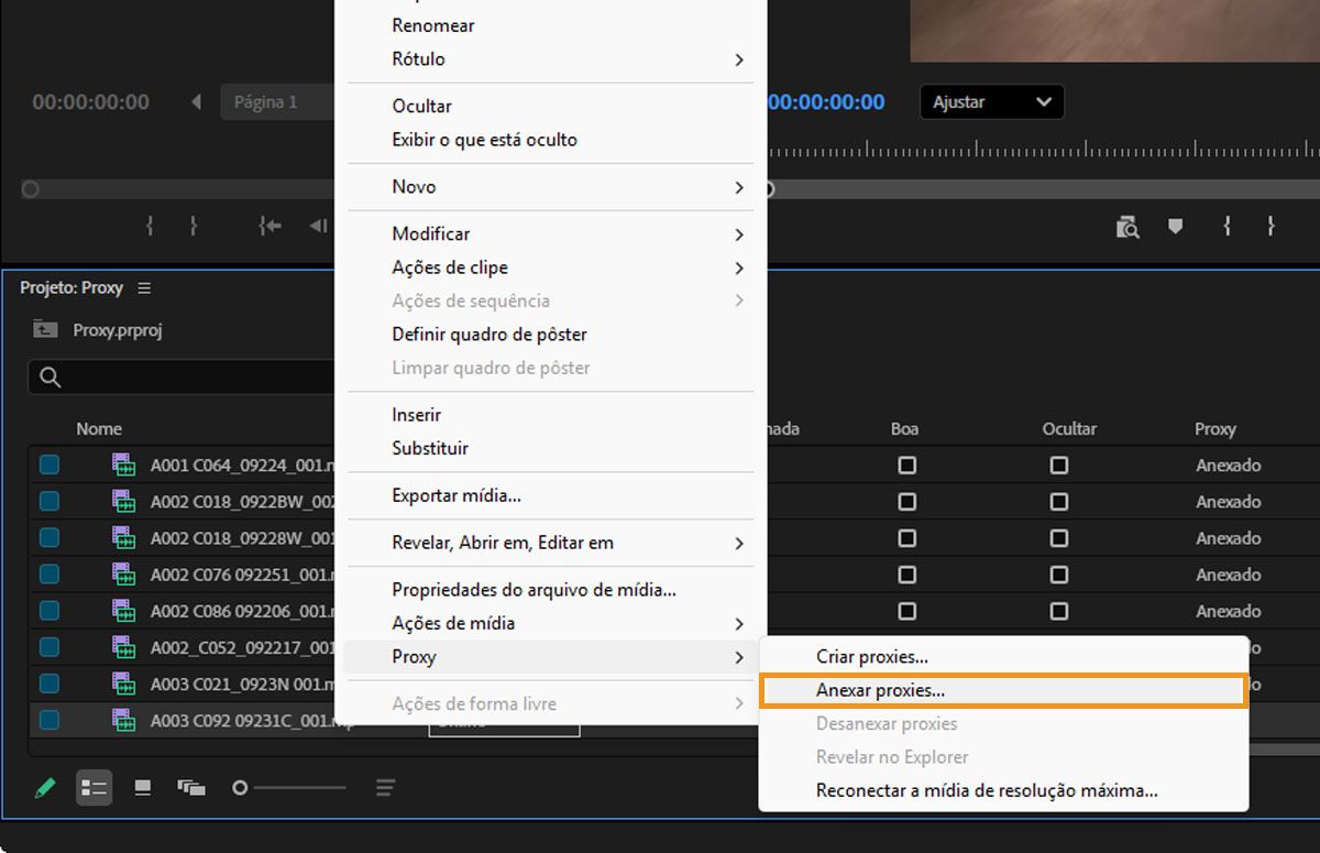A caixa de diálogo “Anexar proxies” está aberta, exibindo uma lista de clipes de mídia com alta resolução atualmente selecionados no painel “Projeto”. Você pode ver os nomes desses clipes e seu status atual de proxy.