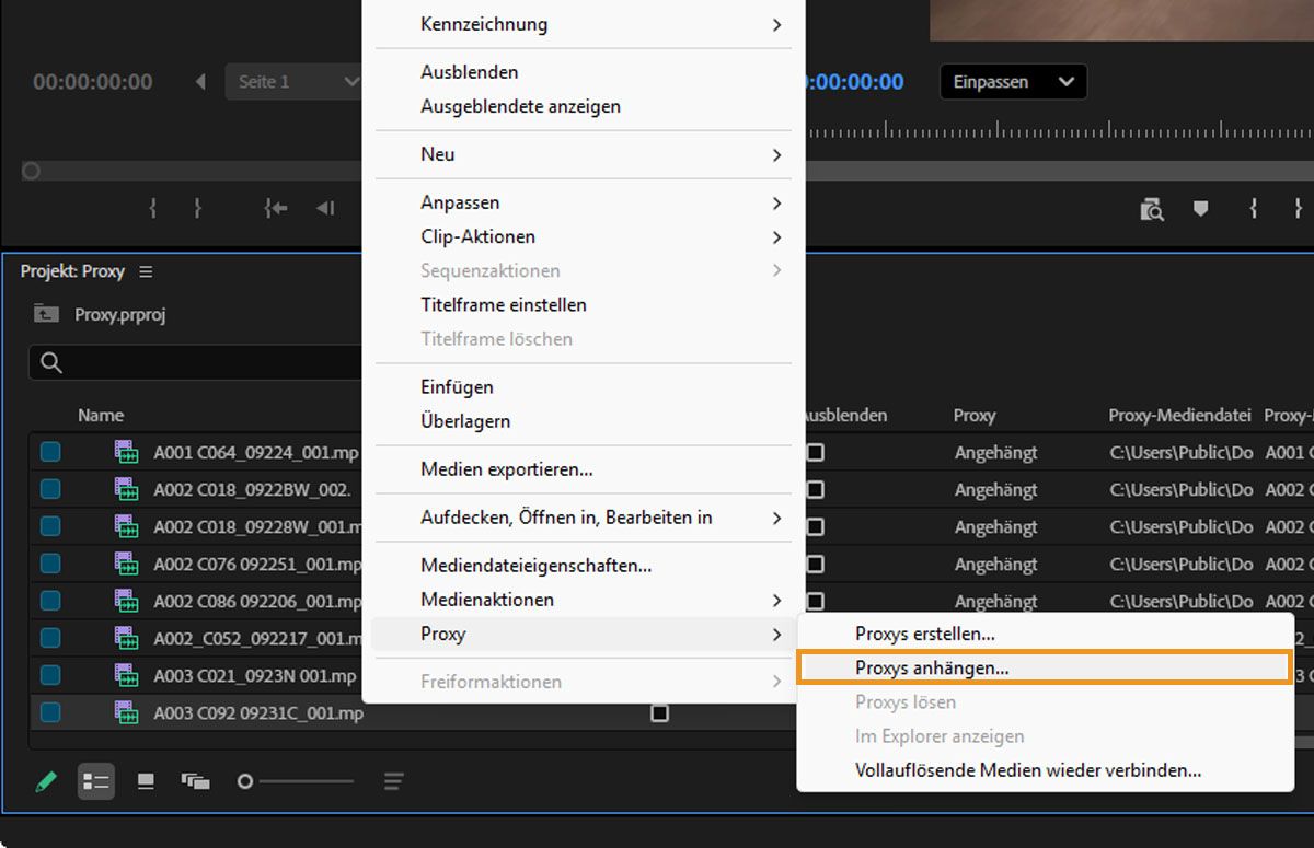 Das Dialogfeld „Proxys anhängen“ ist geöffnet und zeigt eine Liste der hochauflösenden Medien-Clips an, die derzeit im Bedienfeld „Projekt“ ausgewählt sind.Du kannst die Namen dieser Clips und ihren aktuellen Proxy-Status sehen.