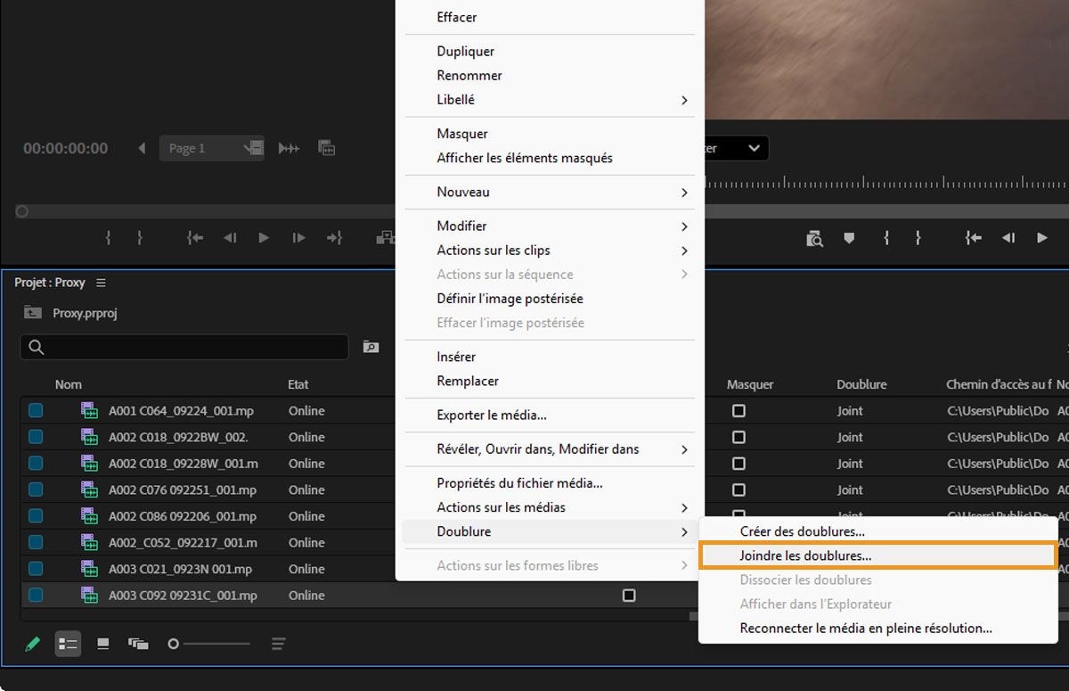La boîte de dialogue Joindre les doublures est ouverte et affiche une liste des clips de médias haute résolution actuellement sélectionnés dans le panneau Projet.Vous pouvez voir les noms de ces clips et leur statut de proxy actuel.