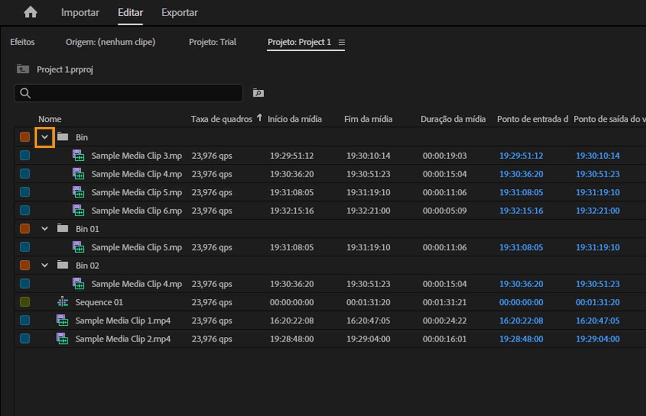 O painel “Projeto” mostra vários compartimentos abertos, com o sinal de ocultar realçado para o primeiro compartimento.