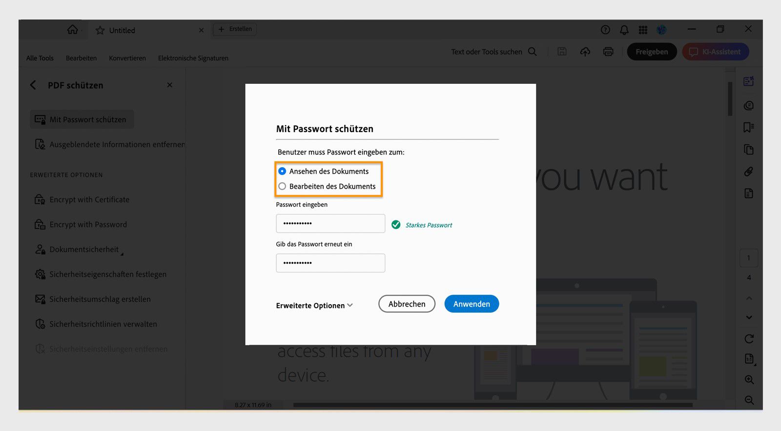 Das Dialogfeld „Mit Kennwort schützen“ zeigt Optionen für die Einstellung von Kennwortberechtigungen zum Anzeigen oder Bearbeiten sowie Felder zum Eingeben des Kennworts.