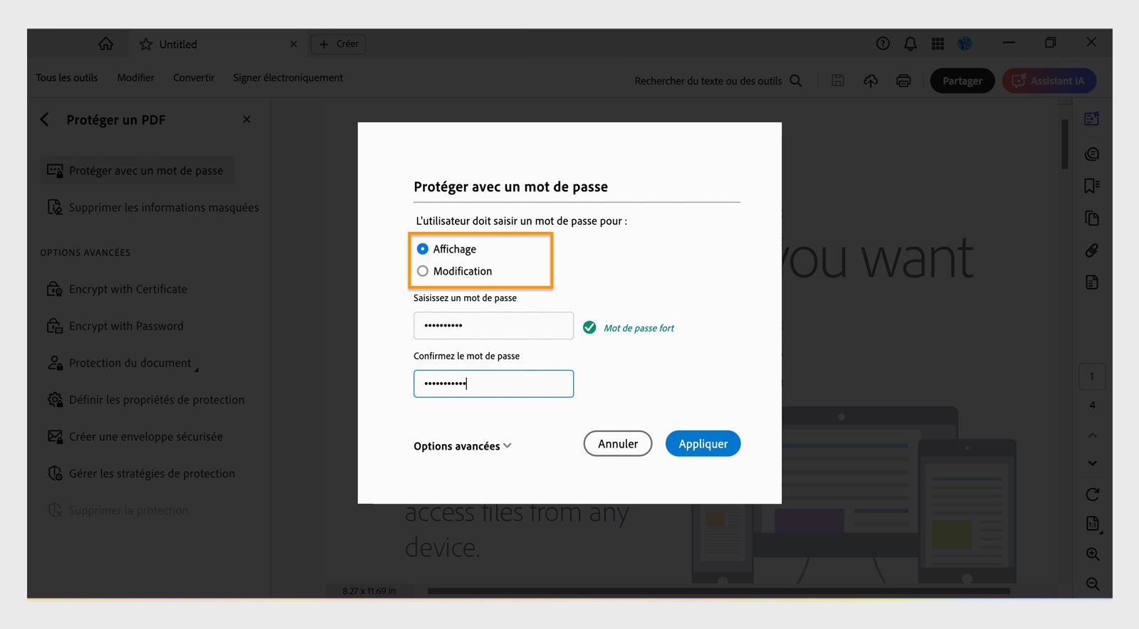 La boîte de dialogue Protéger avec un mot de passe affiche les options pour définir les autorisations par mot de passe pour la visualisation ou la modification, ainsi que des champs pour saisir le mot de passe.