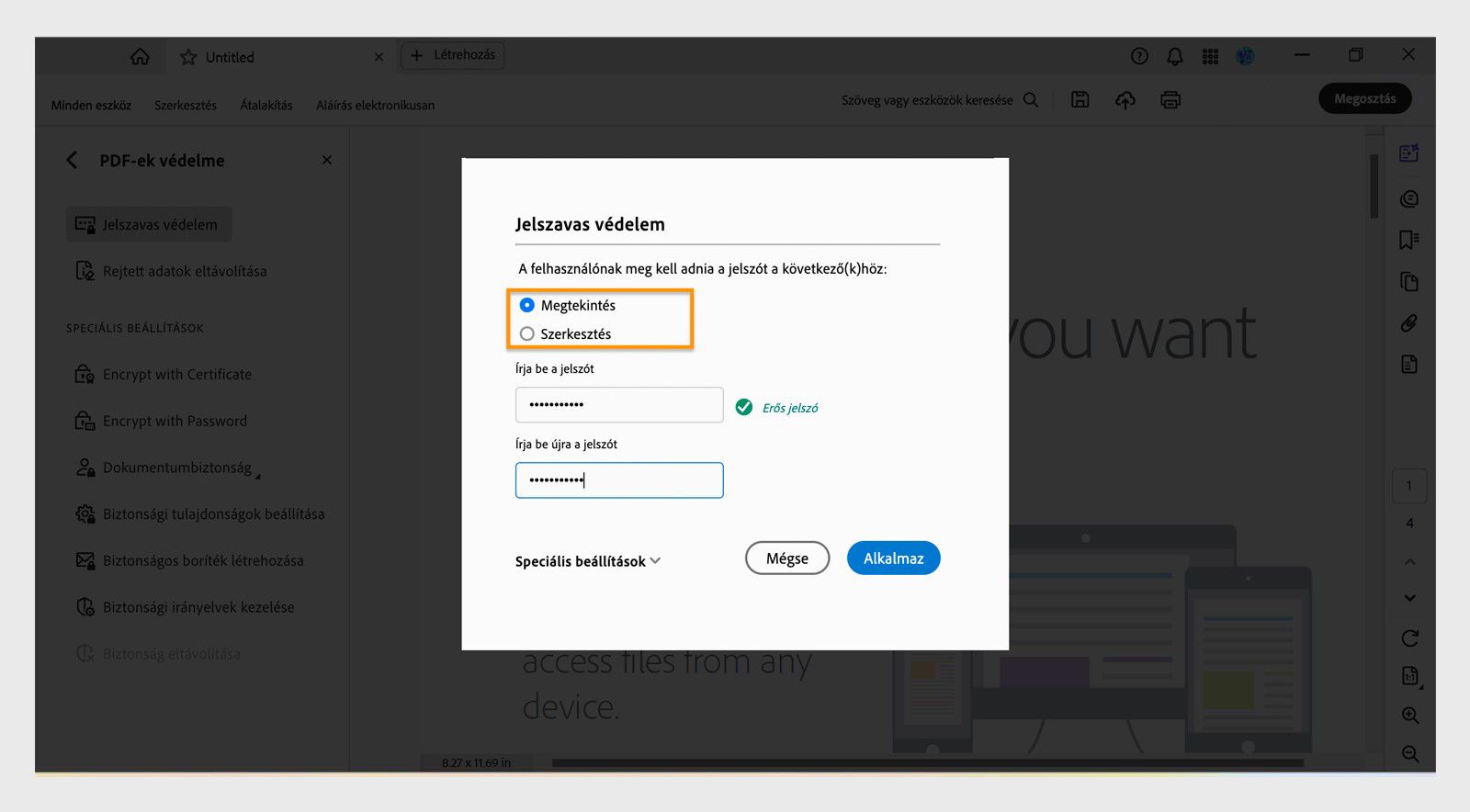 A Védelem jelszóval párbeszédpanel megjeleníti a jelszavas engedélyek beállításának lehetőségeit a megtekintéshez vagy szerkesztéshez, valamint a jelszó megadására szolgáló mezőket.