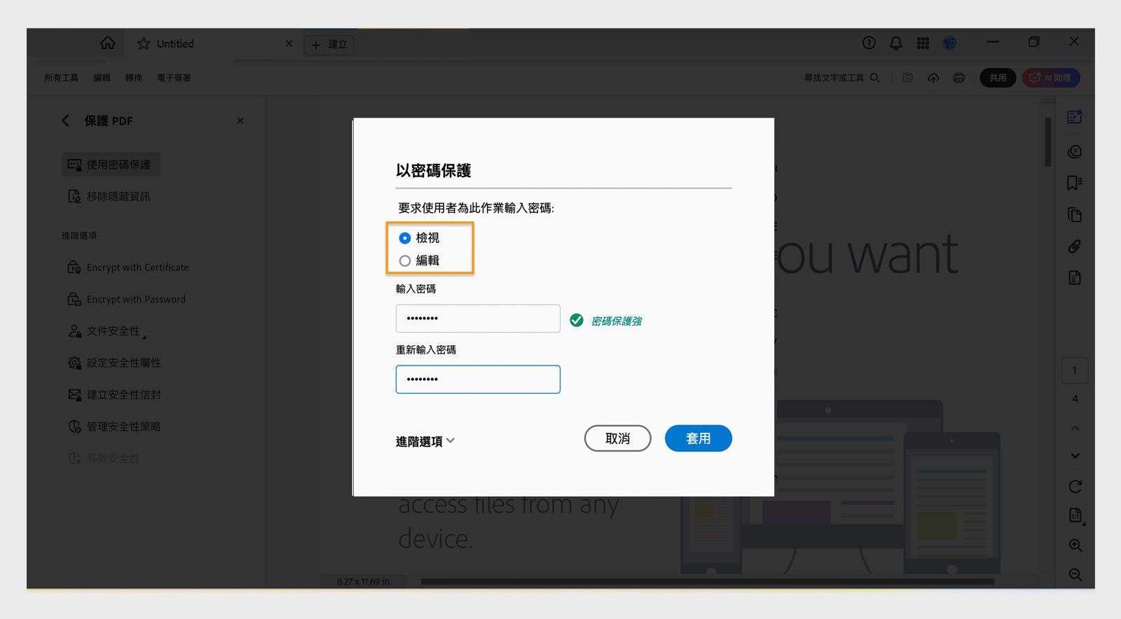 「使用密碼保護」對話框顯示設定檢視或編輯密碼權限的選項，以及輸入密碼的欄位。