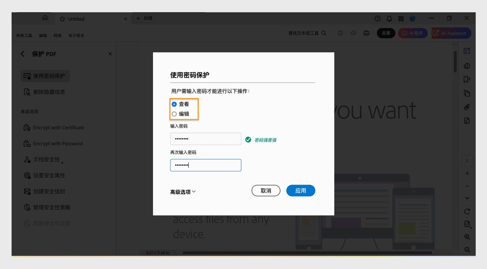 “使用密码保护”对话框显示用于设置查看或编辑密码权限的选项，以及用于输入密码的字段。