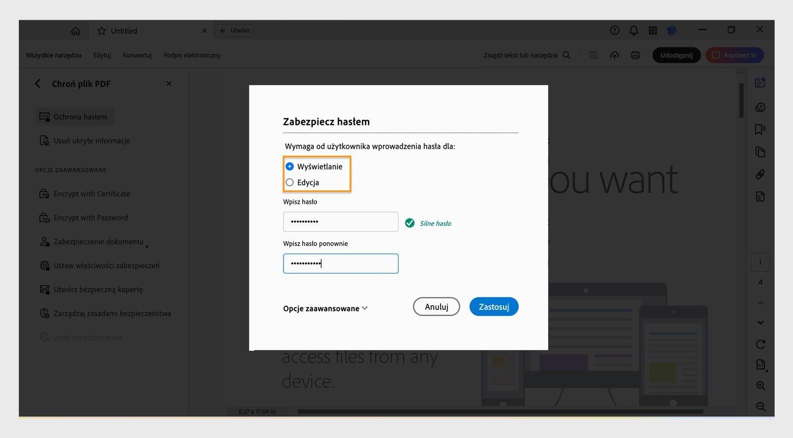 Okno dialogowe Zabezpiecz hasłem pokazuje opcje ustawiania uprawnień hasła do przeglądania lub edycji, a także pola do wprowadzania hasła.