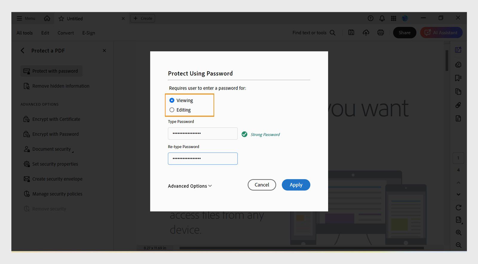 Ipinapakita ng dialog box ng Protect Using Password ang mga opsyon para sa pagtatakda ng mga pahintulot ng password para sa pagtingin o pag-edit, pati na rin ang mga field para sa paglalagay ng password.