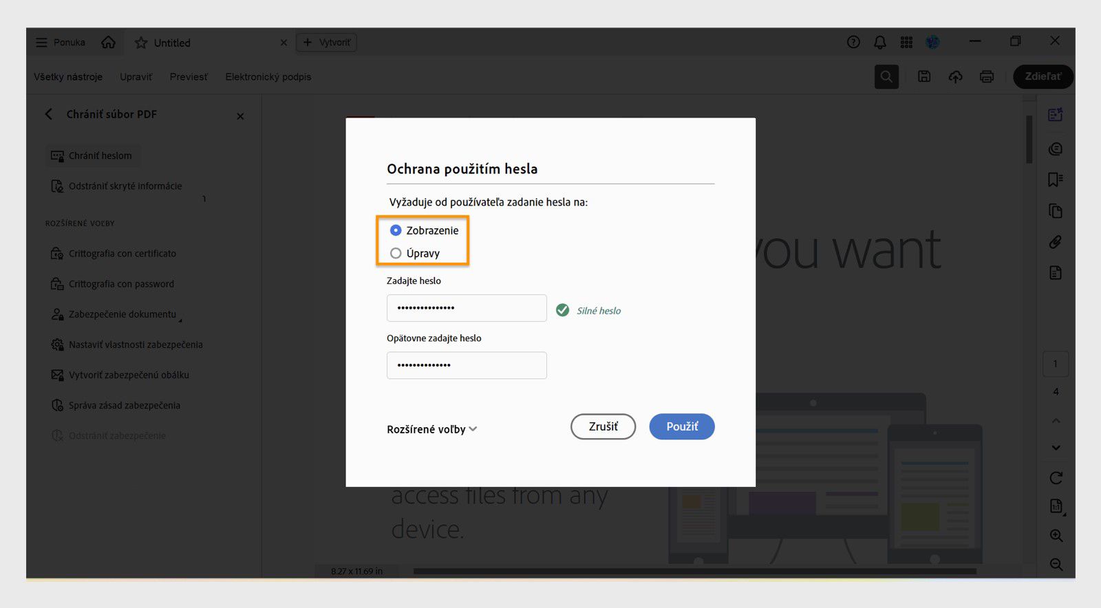 Dialógové okno Chrániť pomocou hesla zobrazuje možnosti nastavenia povolení hesla pre zobrazenie alebo úpravy, ako aj polia na zadanie hesla.