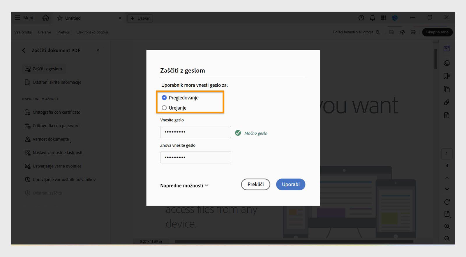 V pogovornem oknu Zaščiti z geslom so prikazane možnosti za nastavitev dovoljenj za geslo za ogled ali urejanje ter polja za vnos gesla.