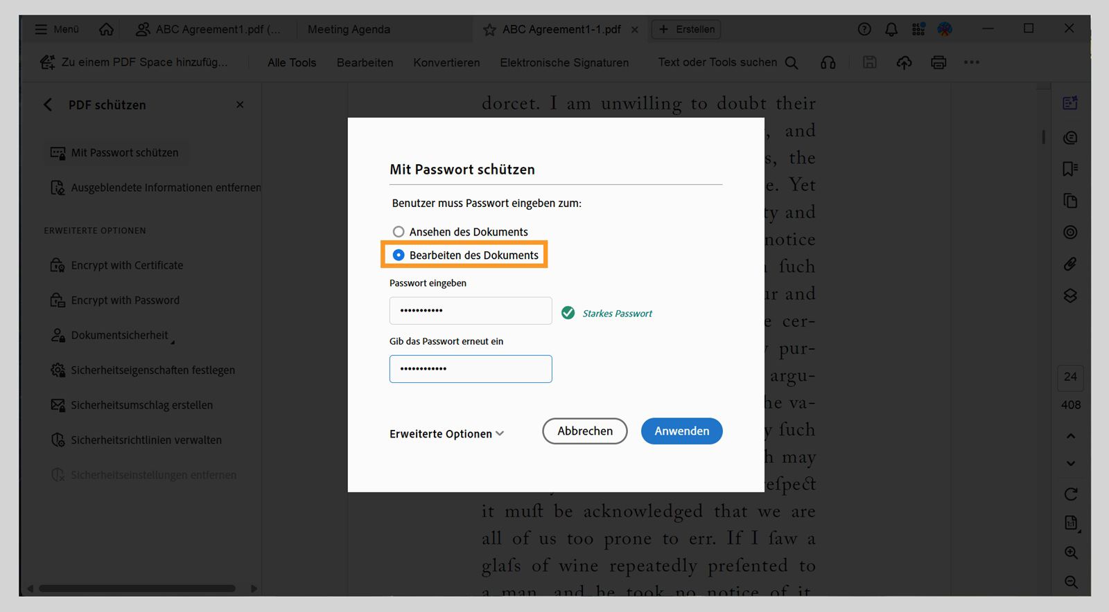 Das Dialogfeld „Mit Kennwort schützen“ zeigt die ausgewählte Option „Bearbeitung“ und ein eingegebenes Kennwort.