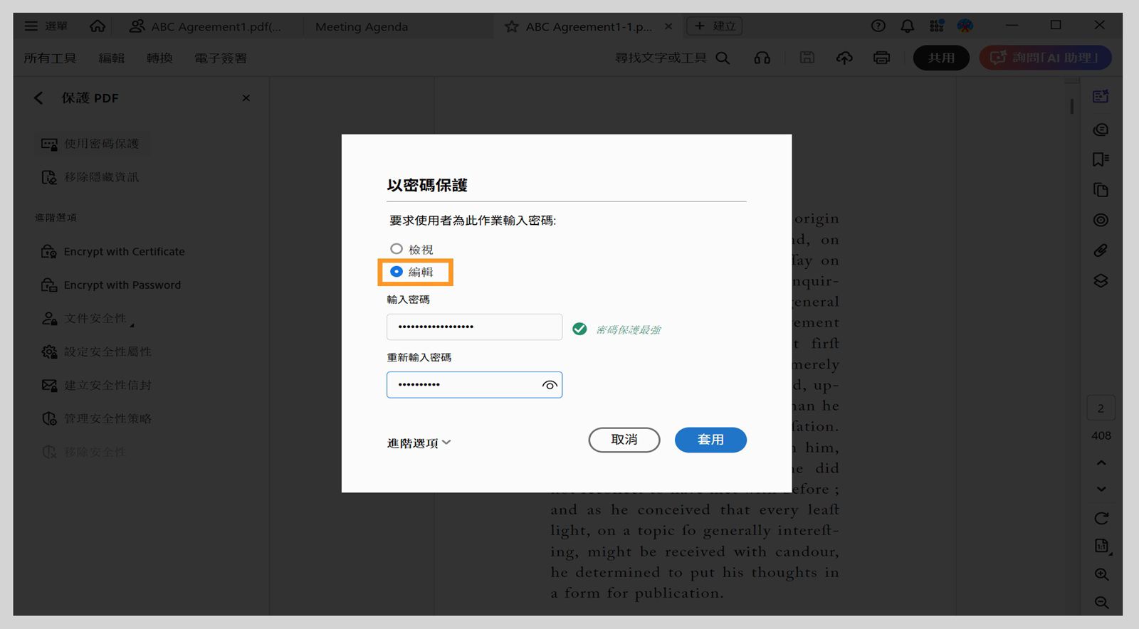 「使用密碼保護」對話框顯示已選取「編輯」選項並已輸入密碼。