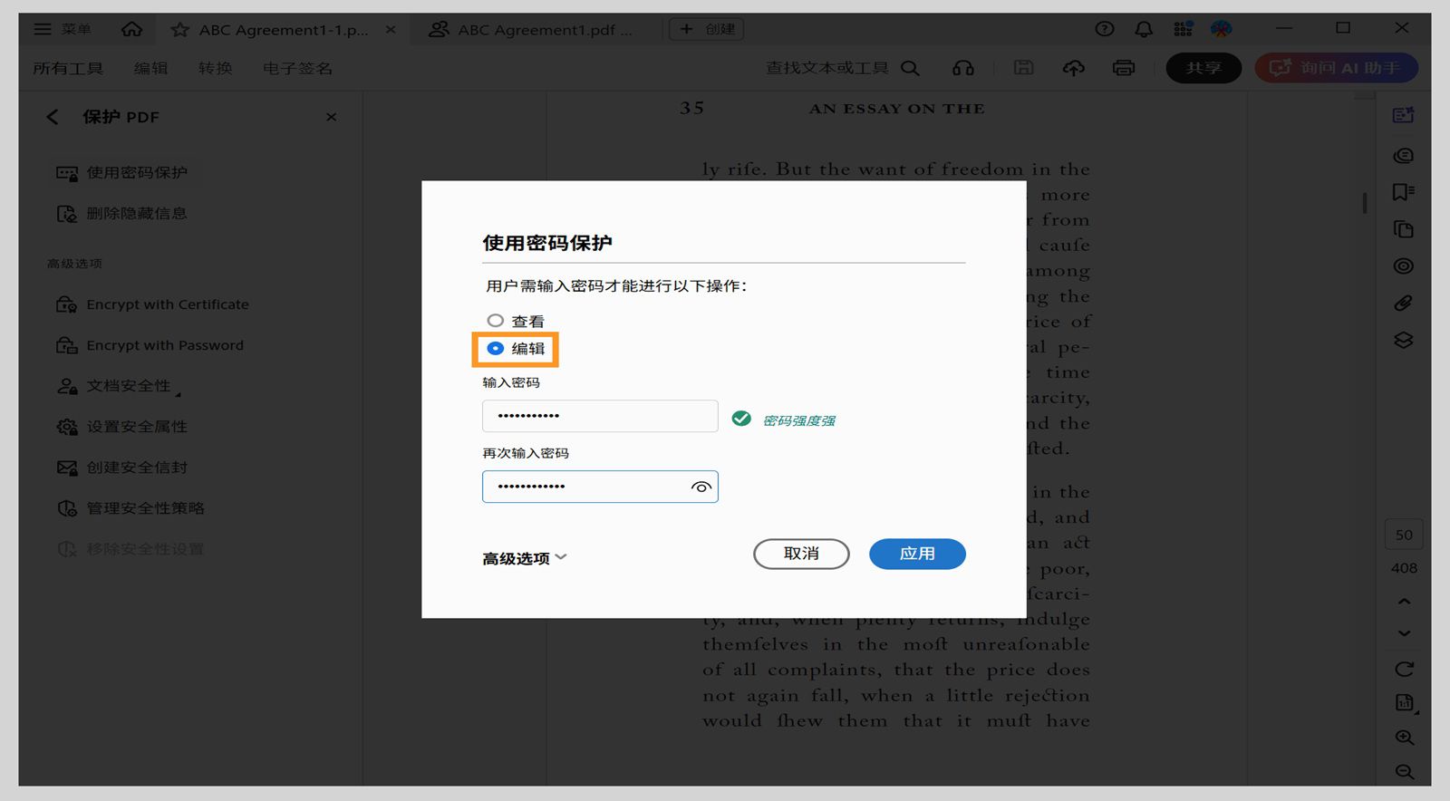 “使用密码保护”对话框显示已选择“编辑”选项，并输入了密码。