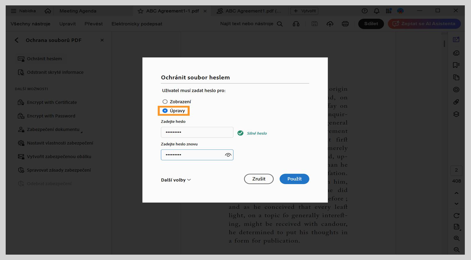 Dialogové okno Chránit pomocí hesla zobrazuje vybranou možnost Úpravy a zadané heslo.