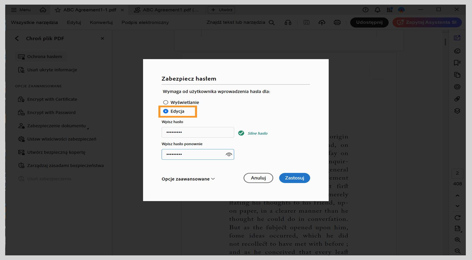 Okno dialogowe Zabezpiecz hasłem pokazuje wybraną opcję Edycja i wprowadzone hasło.