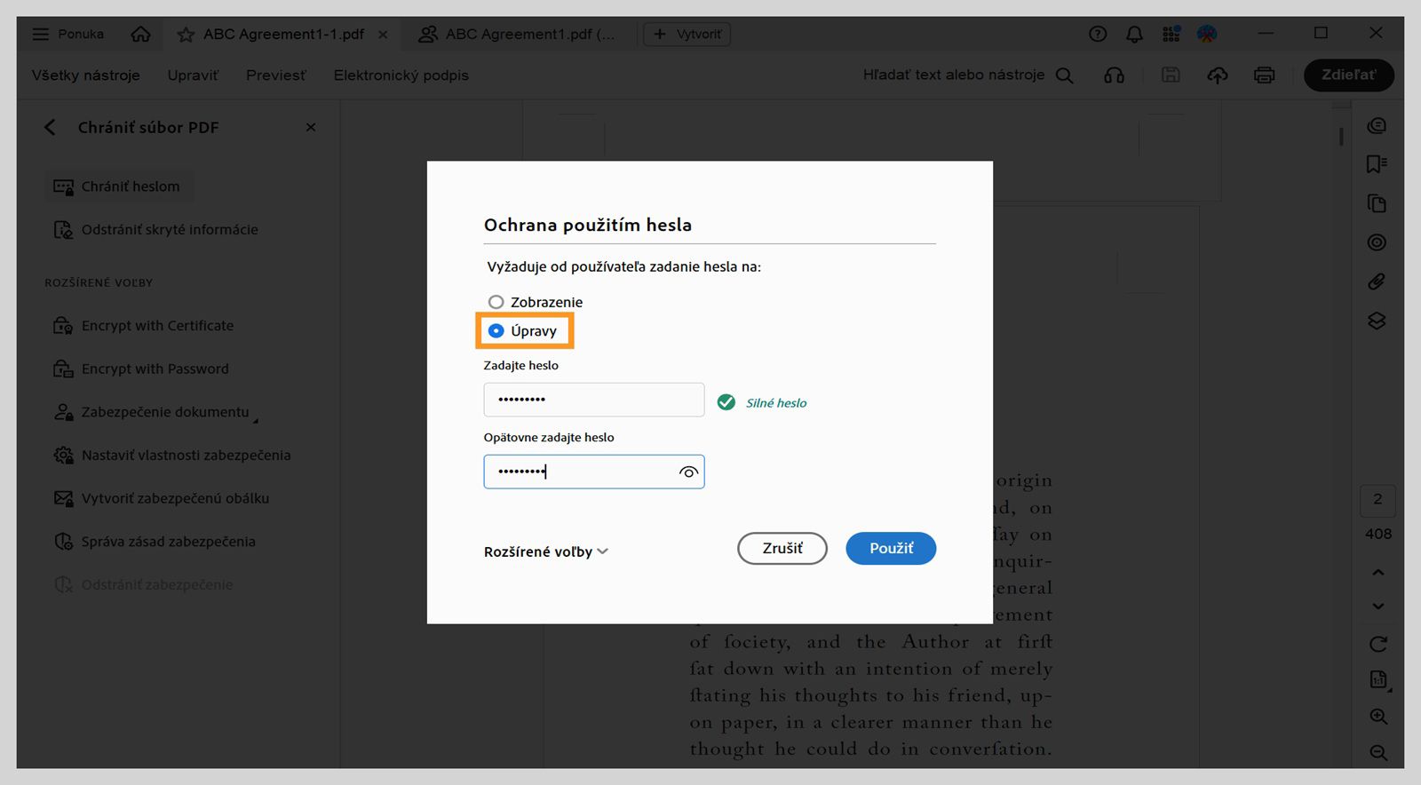 Dialógové okno Chrániť pomocou hesla zobrazuje vybratú možnosť Úpravy a zadané heslo.