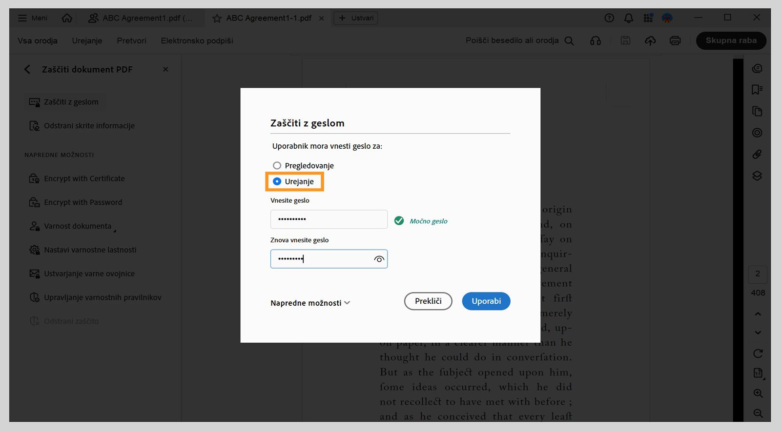 Pogovorno okno »Zaščiti z geslom« prikazuje izbrano možnost urejanja in vneseno geslo.