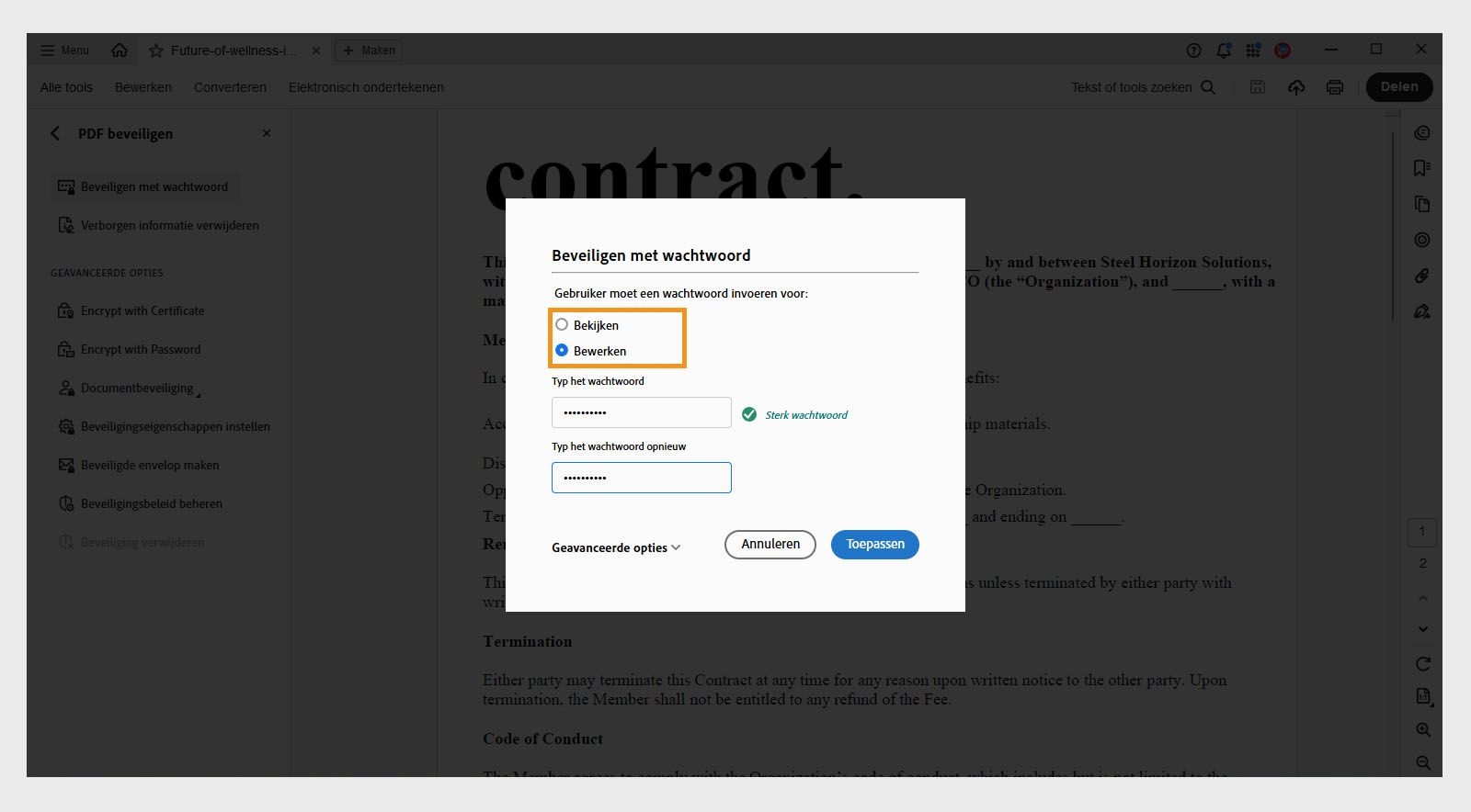In het dialoogvenster Beveiligen met wachtwoord is de optie Bewerken geselecteerd en is er een wachtwoord ingevoerd.