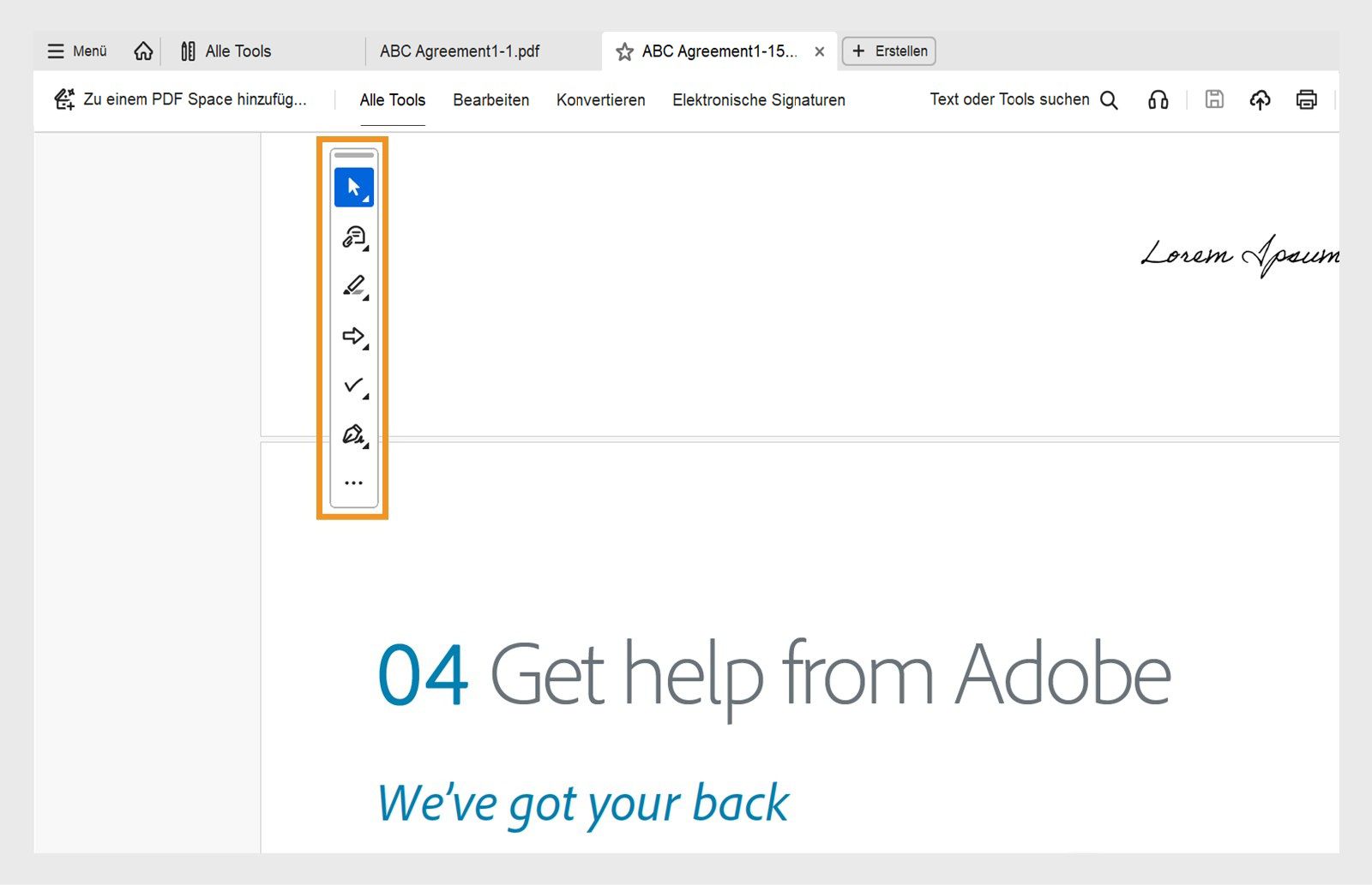 Die Symbolleiste für Schnellaktionen zeigt die Werkzeuge „Auswählen“ oder „Schwenken“, „Kommentar hinzufügen“, „Hervorheben“, „Zeichnen“, „Formulare ausfüllen“ und „Unterschreiben“ an.