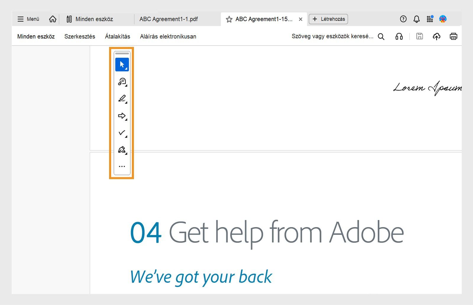 A Gyorsműveletek eszköztár a Kijelölés vagy Pásztázás, Megjegyzés hozzáadása, Kiemelés, Rajzolás, Űrlapok kitöltése és Aláírás eszközöket mutatja.