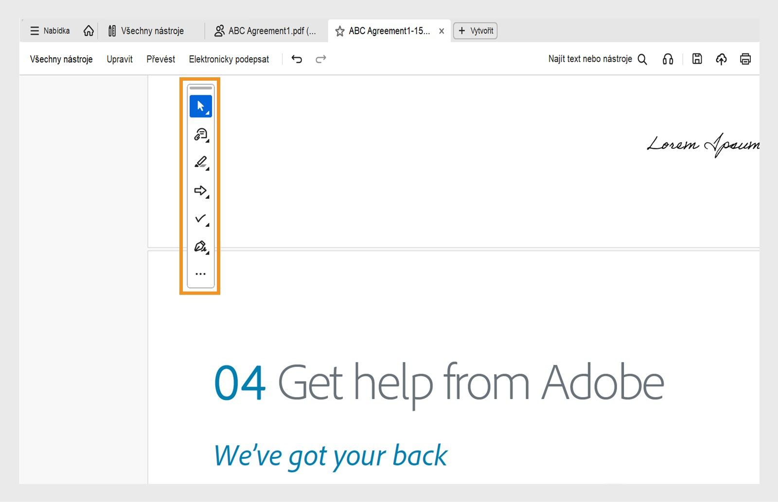 Panel nástrojů pro rychlé akce zobrazuje nástroje Vybrat nebo Posunout, Přidat poznámku, Zvýraznit, Kreslit, Vyplnit formuláře a Podepsat.