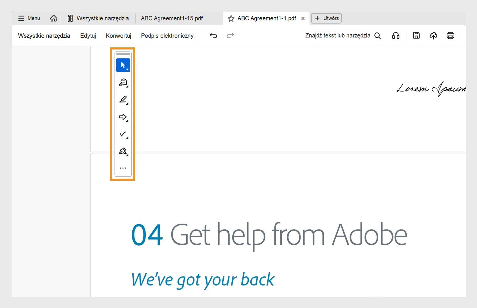 Pasek narzędzi Szybkie operacje pokazuje narzędzia Zaznacz lub Przesuń, Dodaj komentarz, Podświetl, Rysuj, Wypełnij formularze i Podpisz.