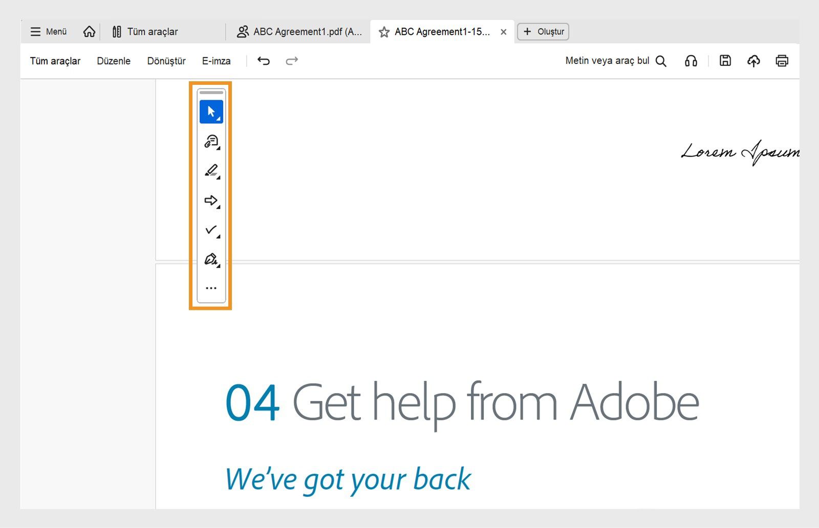 Hızlı eylem araç çubuğu Seç veya Kaydır, Yorum ekle, Vurgula, Çiz, Formları Doldur ve İmzala araçlarını gösterir.