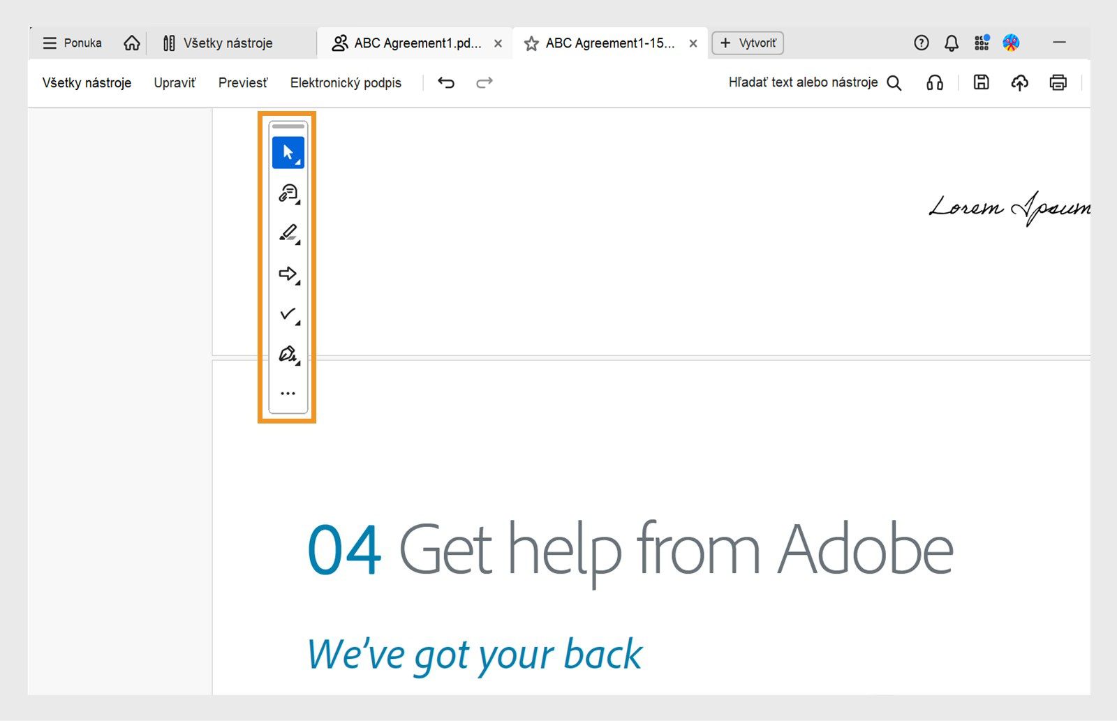 Panel s nástrojmi pre rýchle akcie zobrazuje nástroje Vybrať alebo Posunúť, Pridať komentár, Zvýrazniť, Kresliť, Vyplniť formuláre a Podpísať.